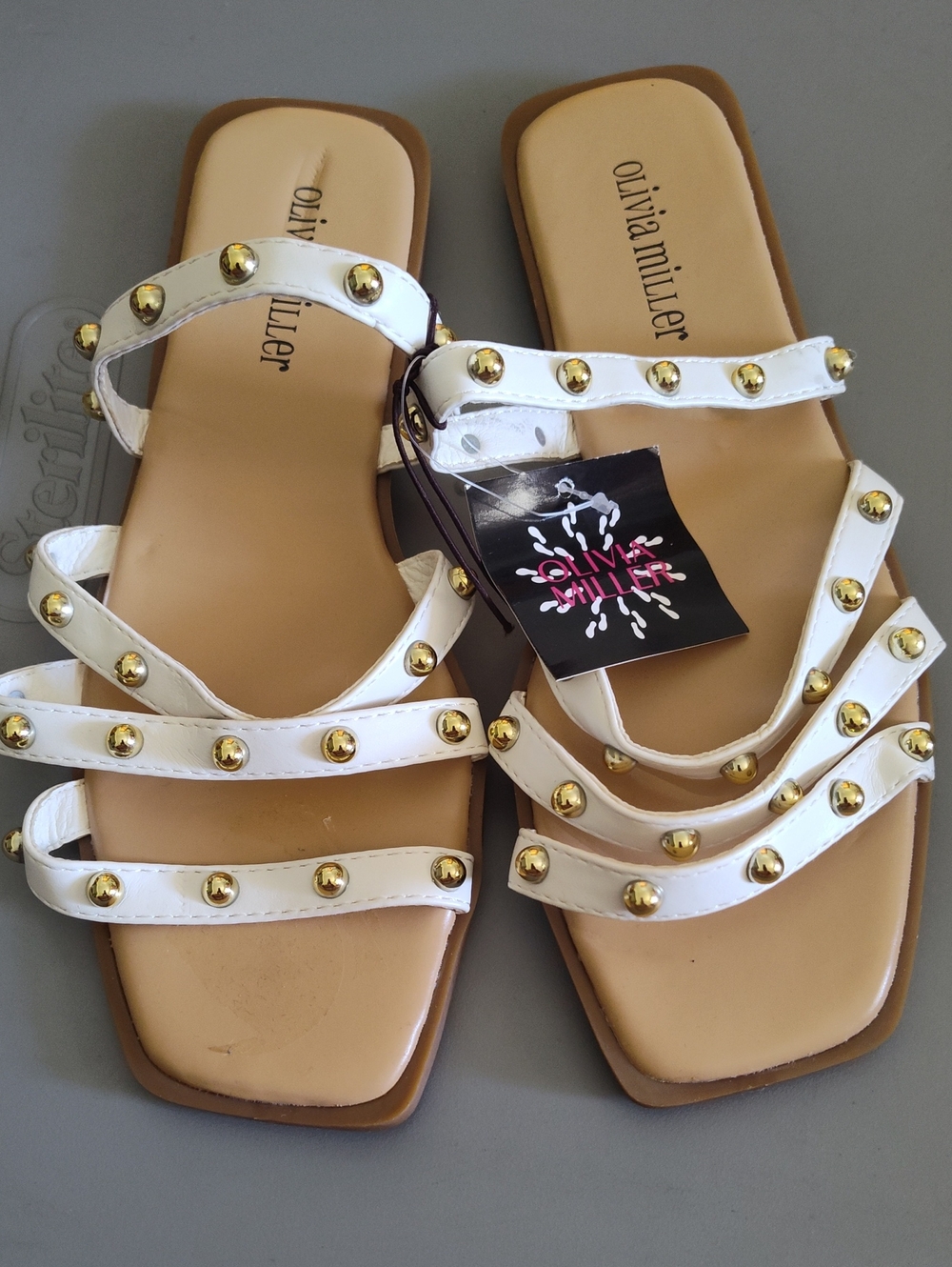 Olivia Miller White Multi-Strap Slide Sandals with Gold Studs